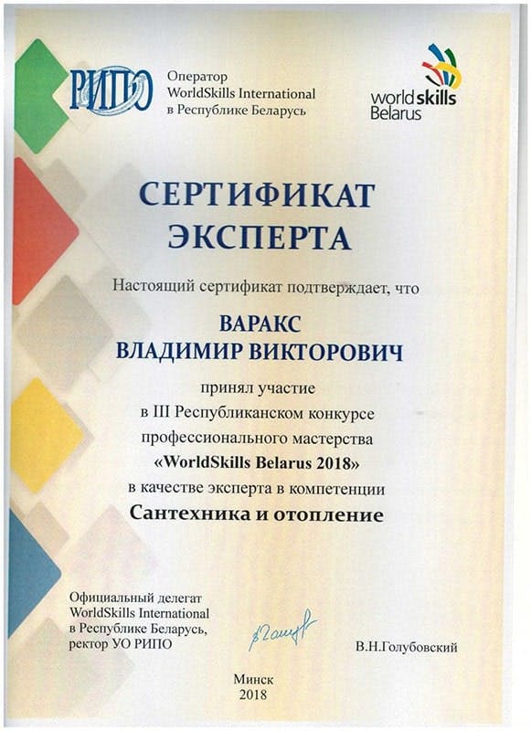 Сертификат эксперта World Skills Belarus 2018